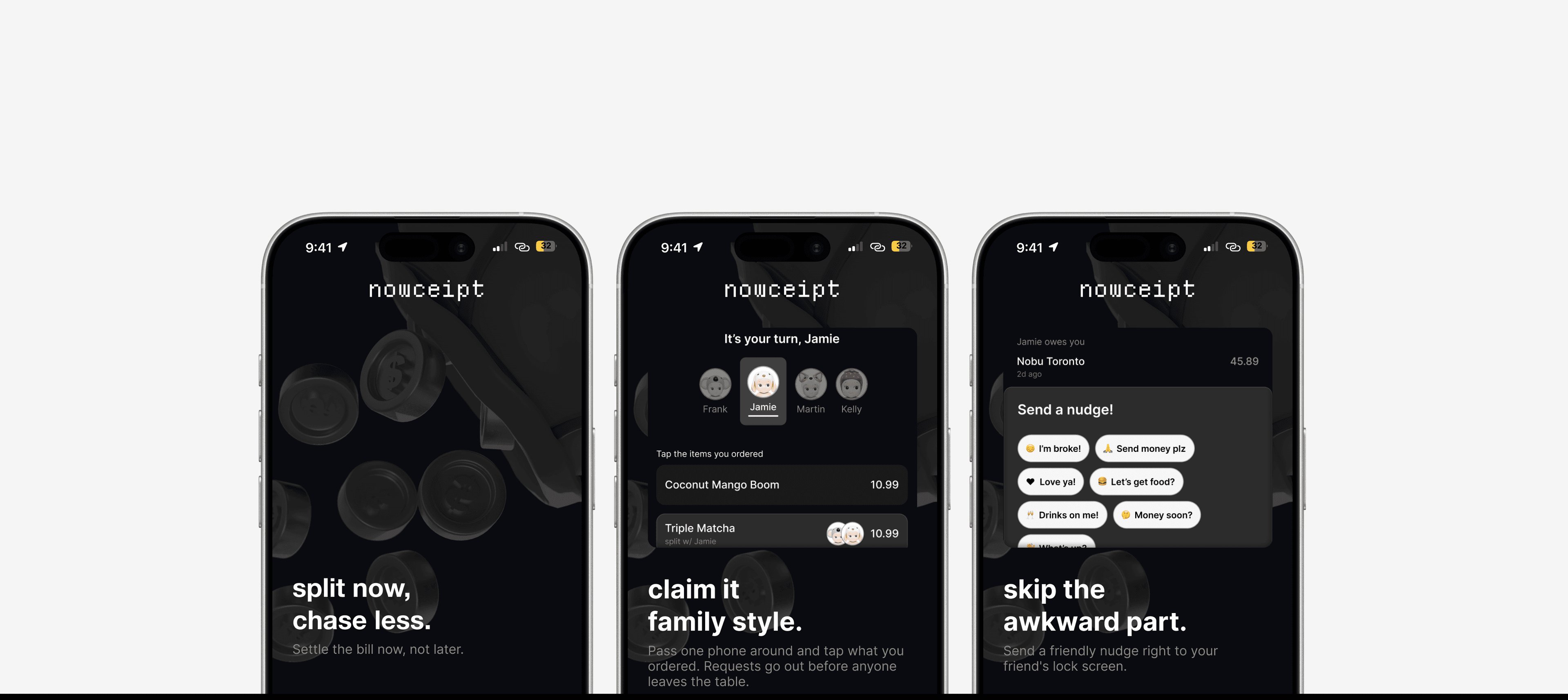nowceipt onboarding — split now chase less, claim it family style, skip the awkward part
