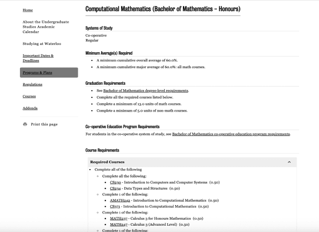 The undergraduate calendar for plan requirements